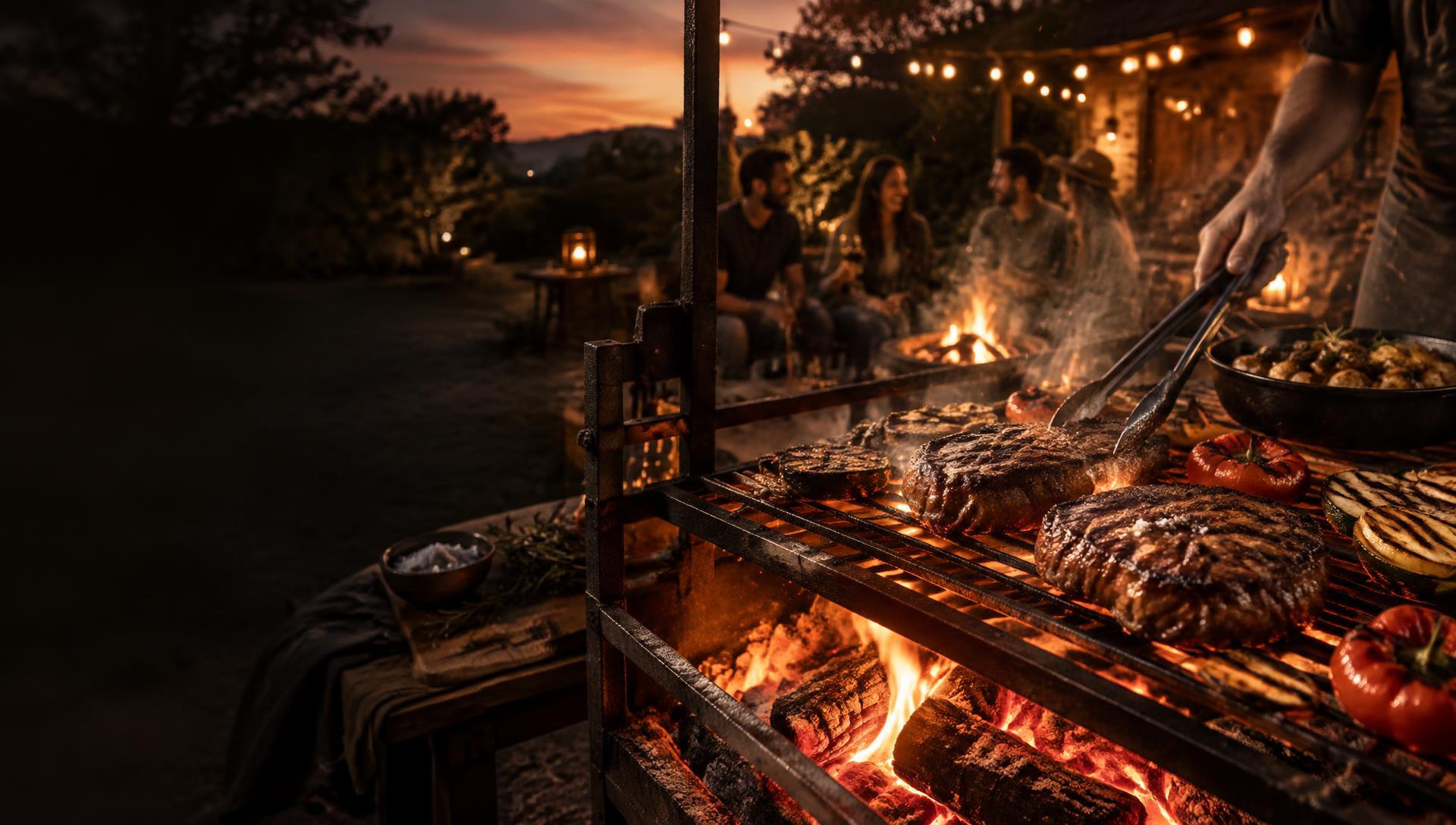 Steaks and vegetables cooking over a wood fire at dusk with friends gathered nearby