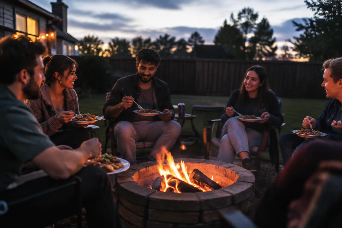 Friends eating together around a backyard fire at dusk
